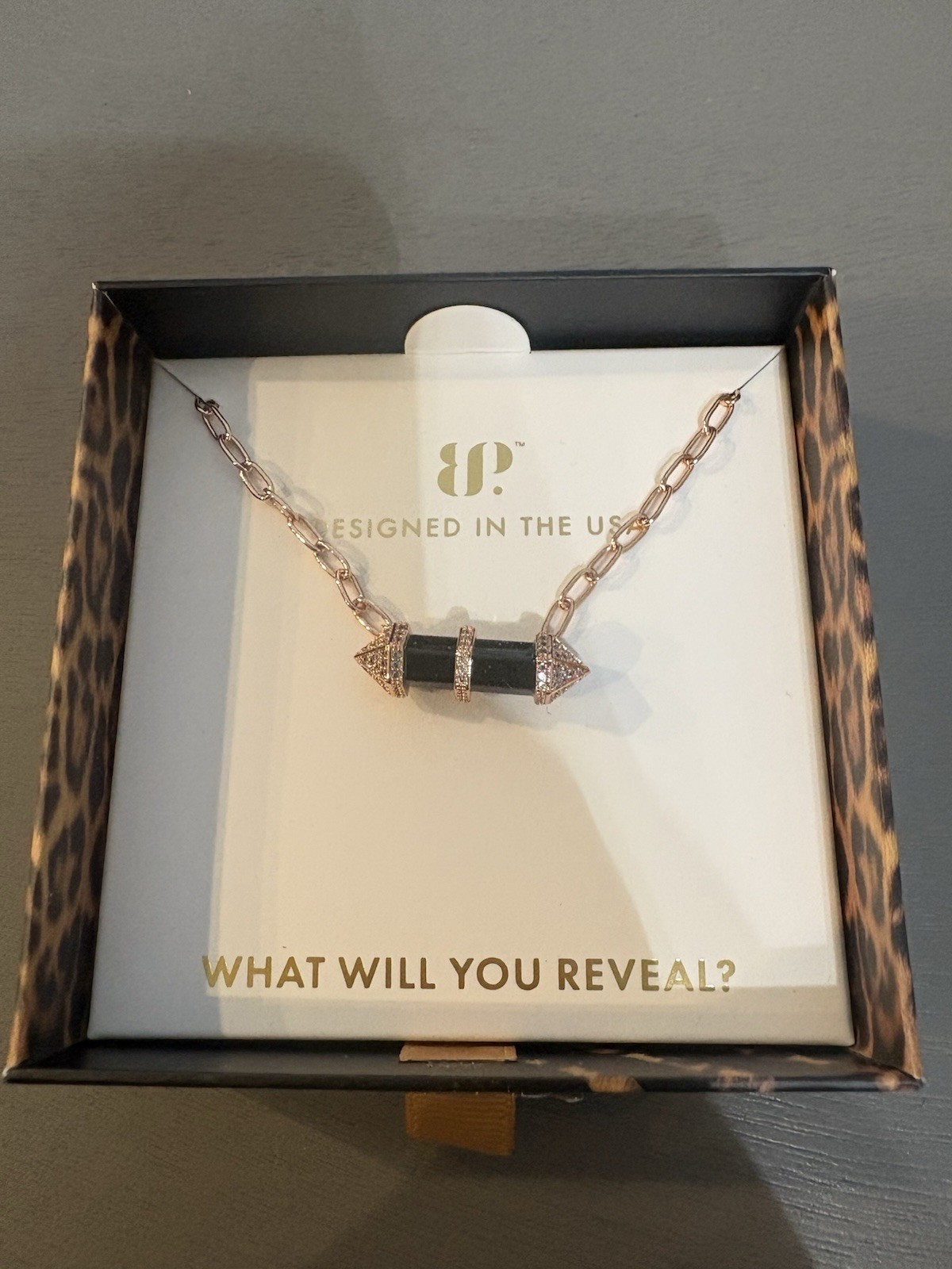 BP Rose Gold Plated Black Onyx CZ Bar Pendant Necklace 18″ Adj NK57008