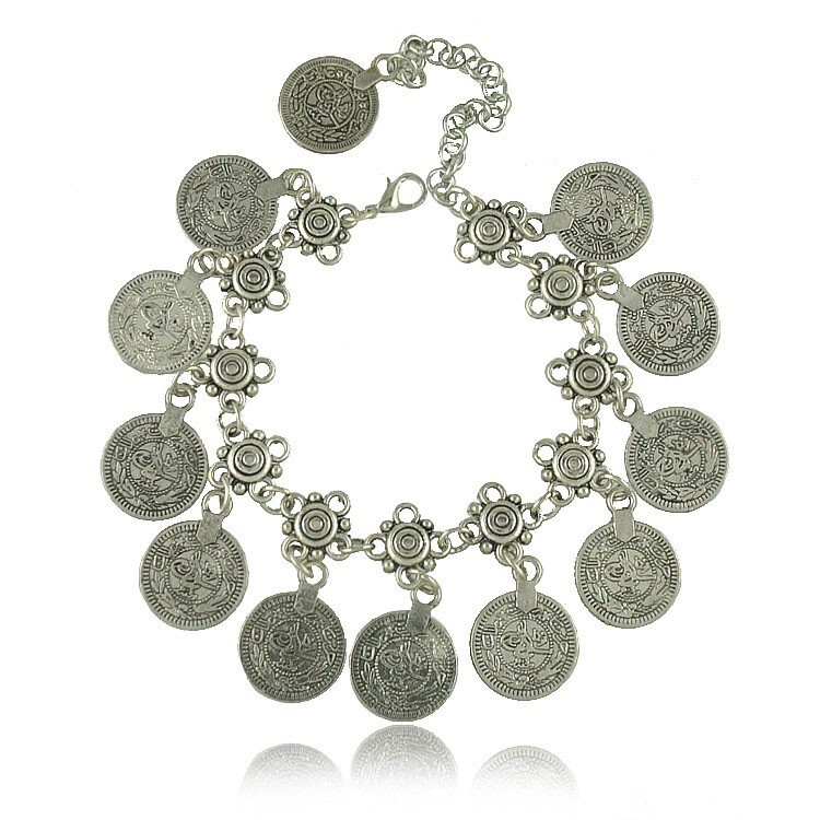 Silver Coin Anklet Ankle Bracelet Bold Dangle Coins