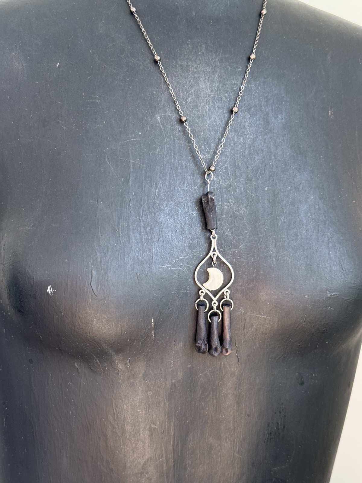 Abalone moon coyote bone necklace pendant oddities jewelry boho layering