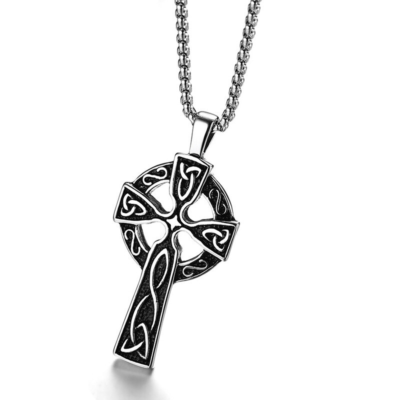 Mens Stainless Steel Irish Celtic Knot Pendant Cross Necklace Silver DEZILOO