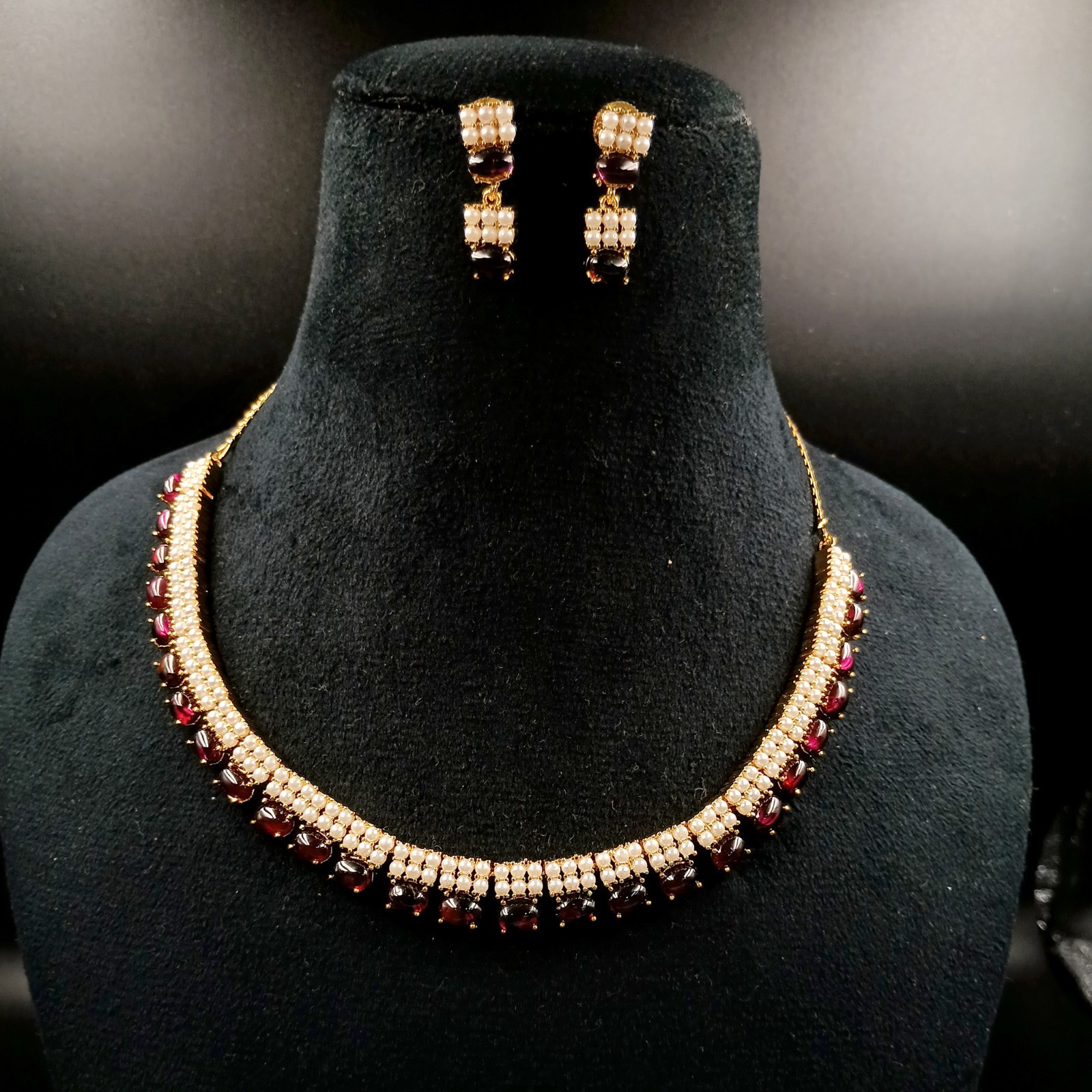 Garnet and Pearl Necklace Set 22k Gold Plated Traditional Ethnic Jewelry