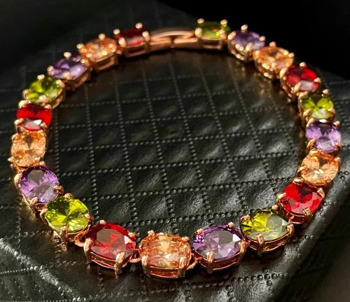 27 CTW Multicolor Gemstone Tennis Bracelet 18K Rose Gold Plated Women Jewelry
