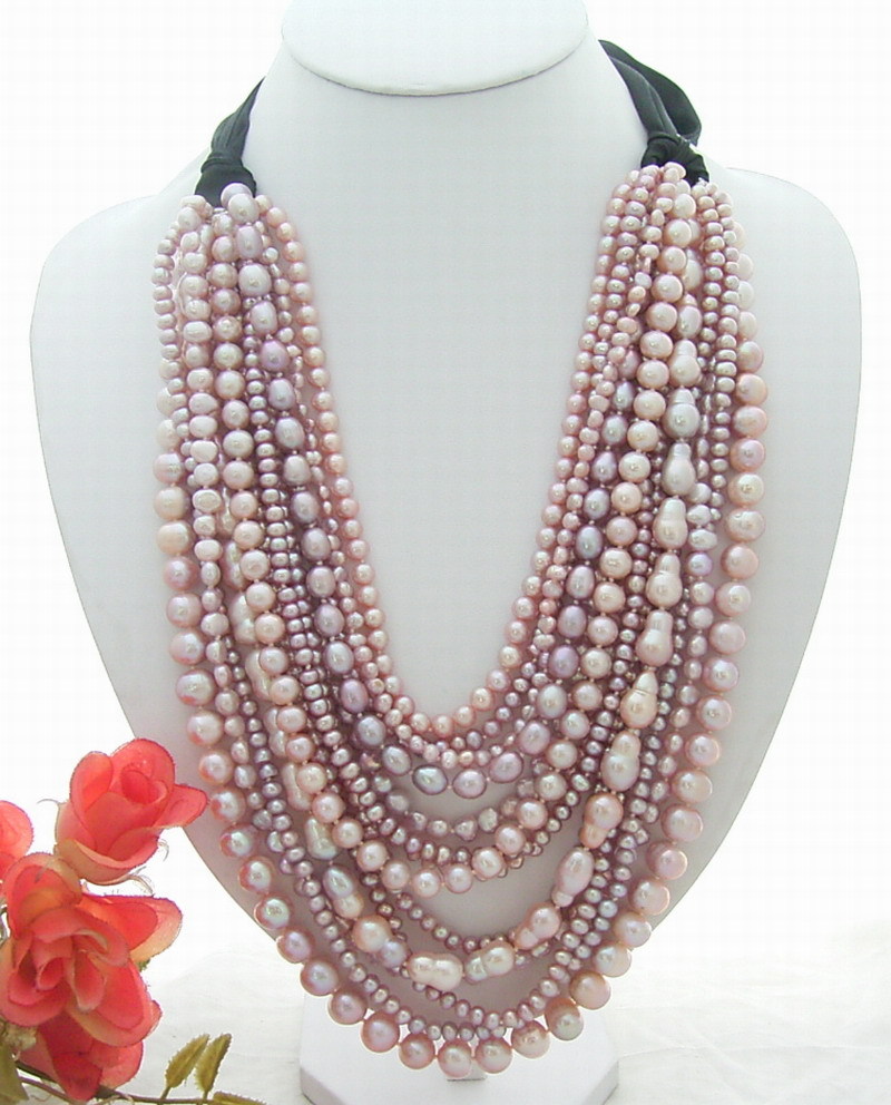 18″-24″ 14 Rows freshwater Purple Pearl Statement Necklace lady jewelry