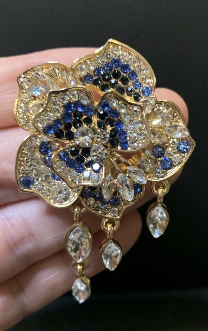 Designer Inspired Ombre Diamond Blue Crystal Flower Brooch Teardrop Dangle Gold