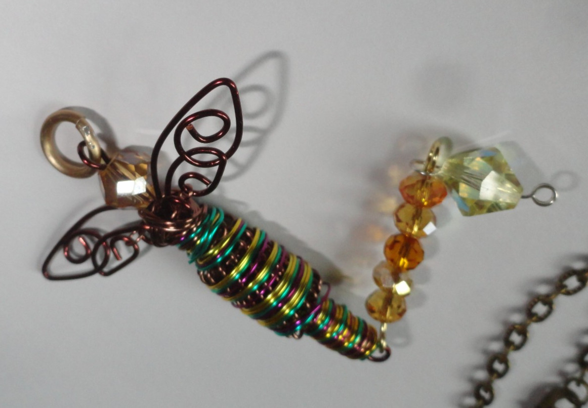 #10705 Brown/Green with Gold/Red Dragonfly Pendant Swarovskis Dangle Chain