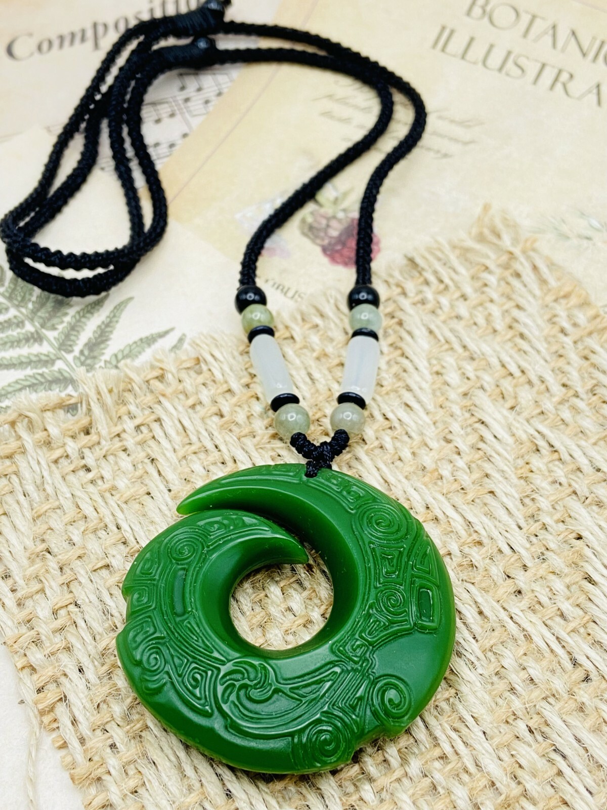 Green Jade Horn Charm Pendant Necklace W/ Beads Cord Handmade Carved Gemstone