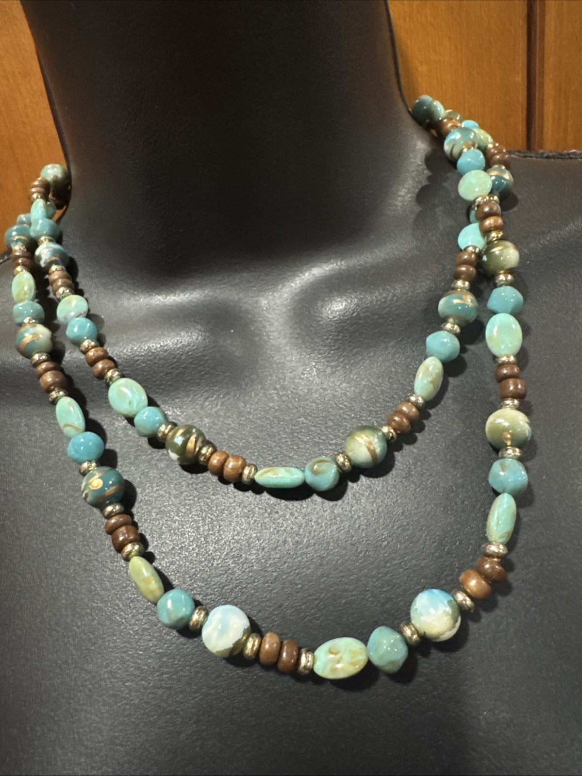 Multi Colored Beaded Necklace Turquoise Brown Blue Silver Tone Southwest 40”