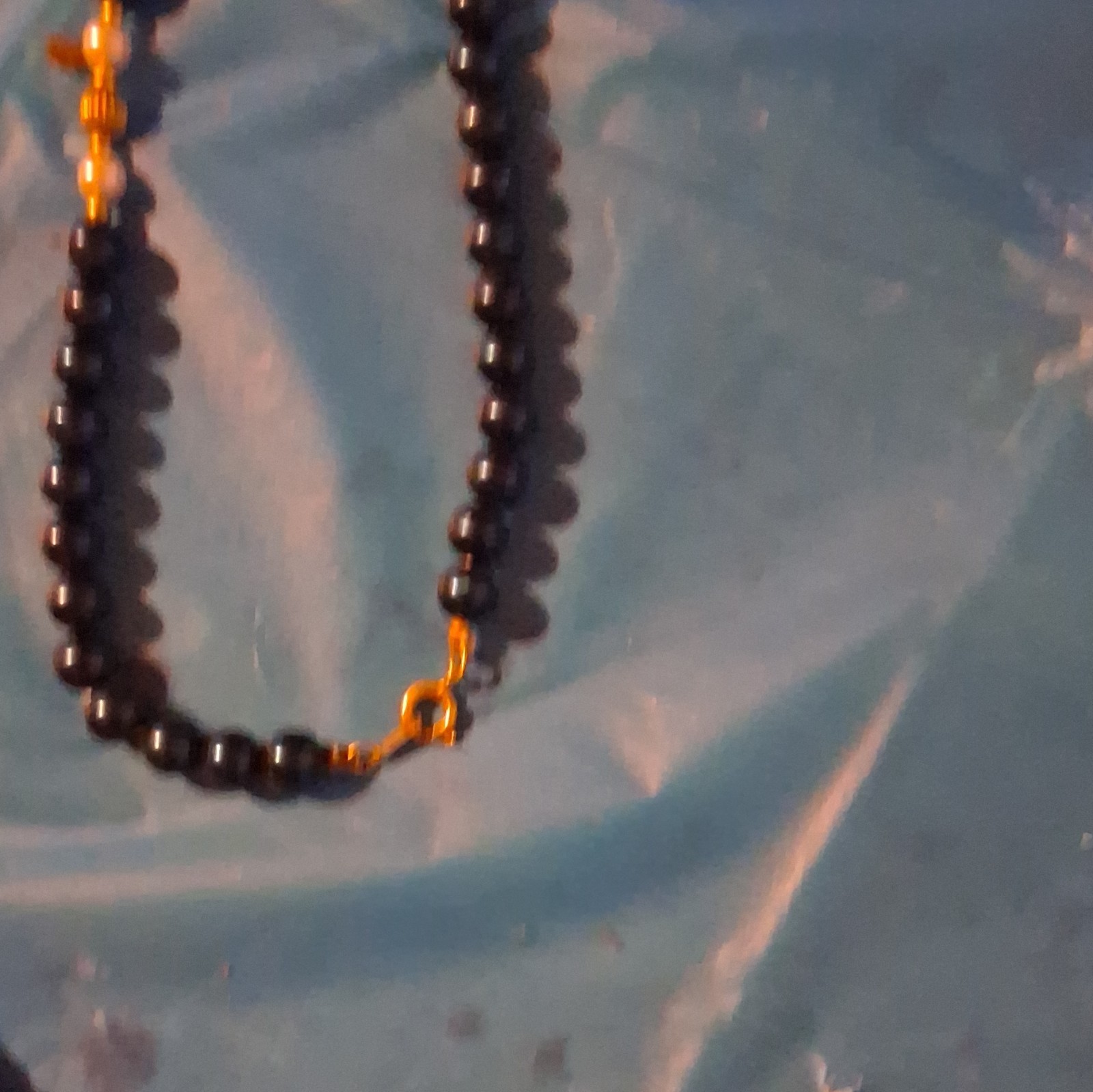 Black Beaded Necklace with Gold Tone Bead Accents, Spring Ring Clasp