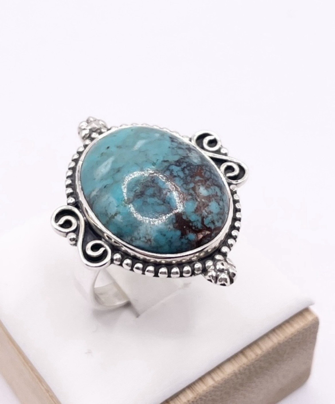Tibetan Turquoise Oval Bezel Statement 925 Sterling Silver Ring Band Size 8.5