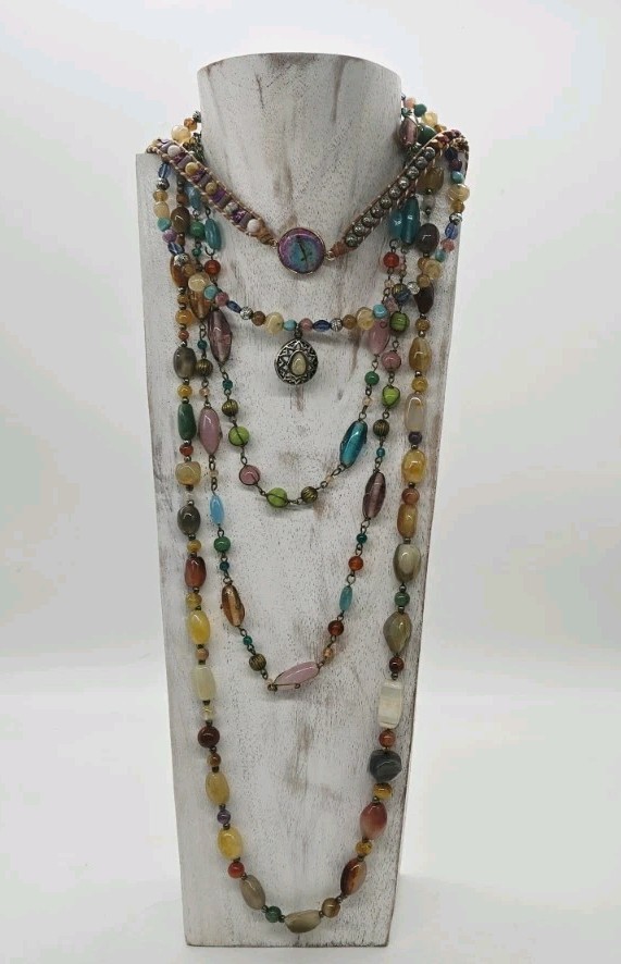 Bohemian necklace lot multi colored stacking beaded Glass Vintage Couture 4pc