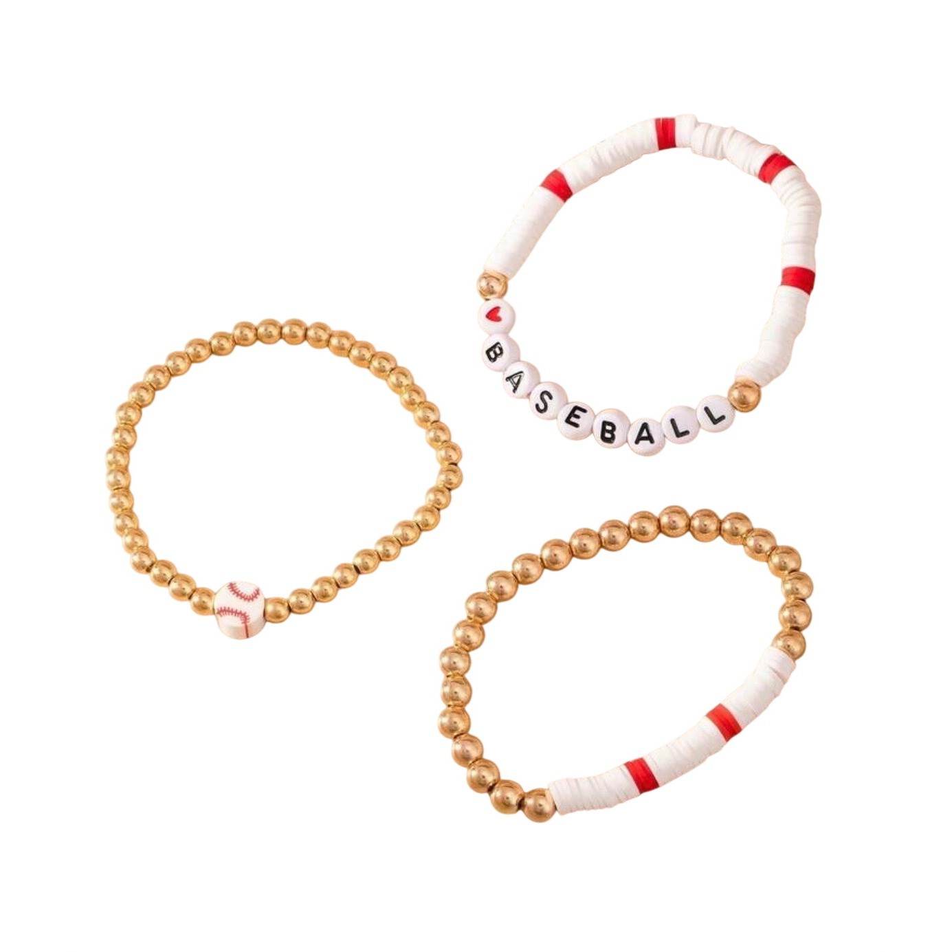 Baseball Bracelet Set Womens OS Gold White Red Beaded Stretch 3pc New