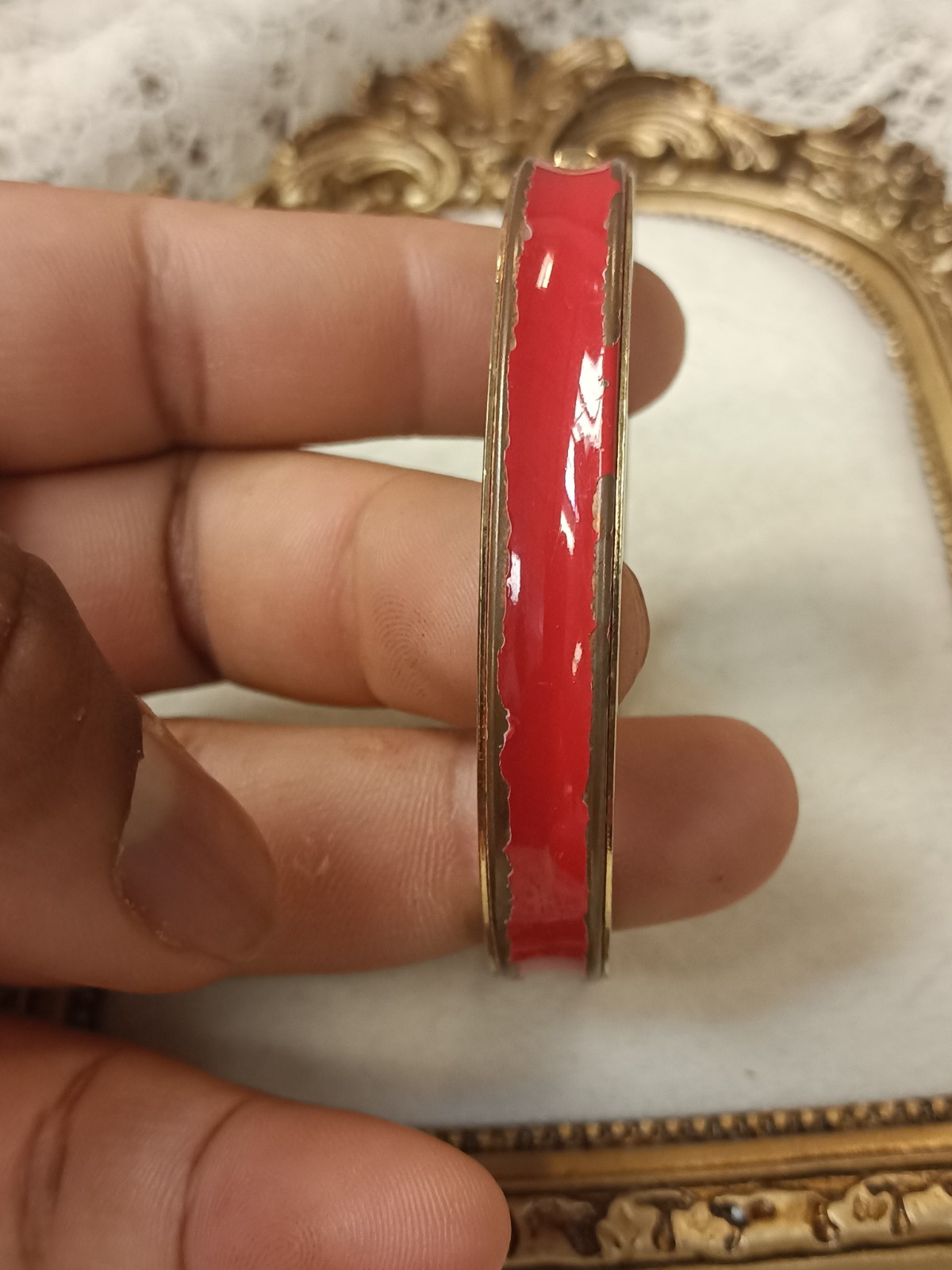vintage Red Gold Tone Hinged Bangle has chips Bracelet, 7 in Length, No Stone