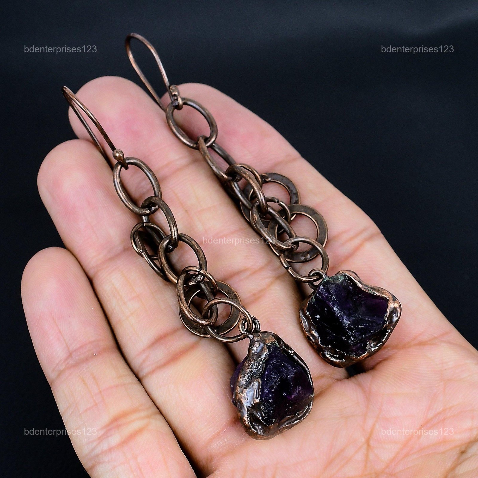 Pentagon African Amethyst Rough Gemstone Dangling Electroformed Earrings Copper