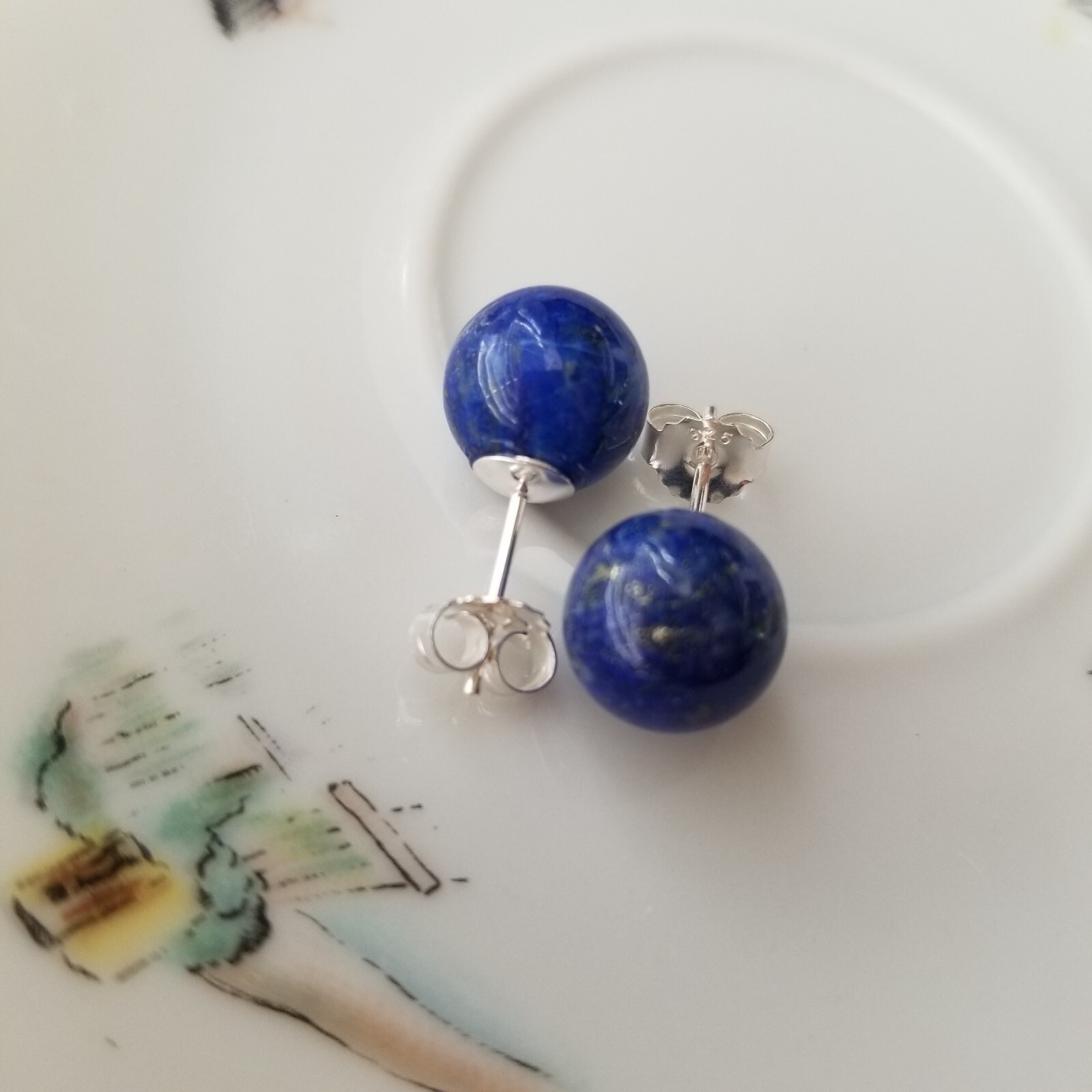 Solid 925 Sterling Sliver Natural Blue Lapis 10mm Round Ball Stud Earrings