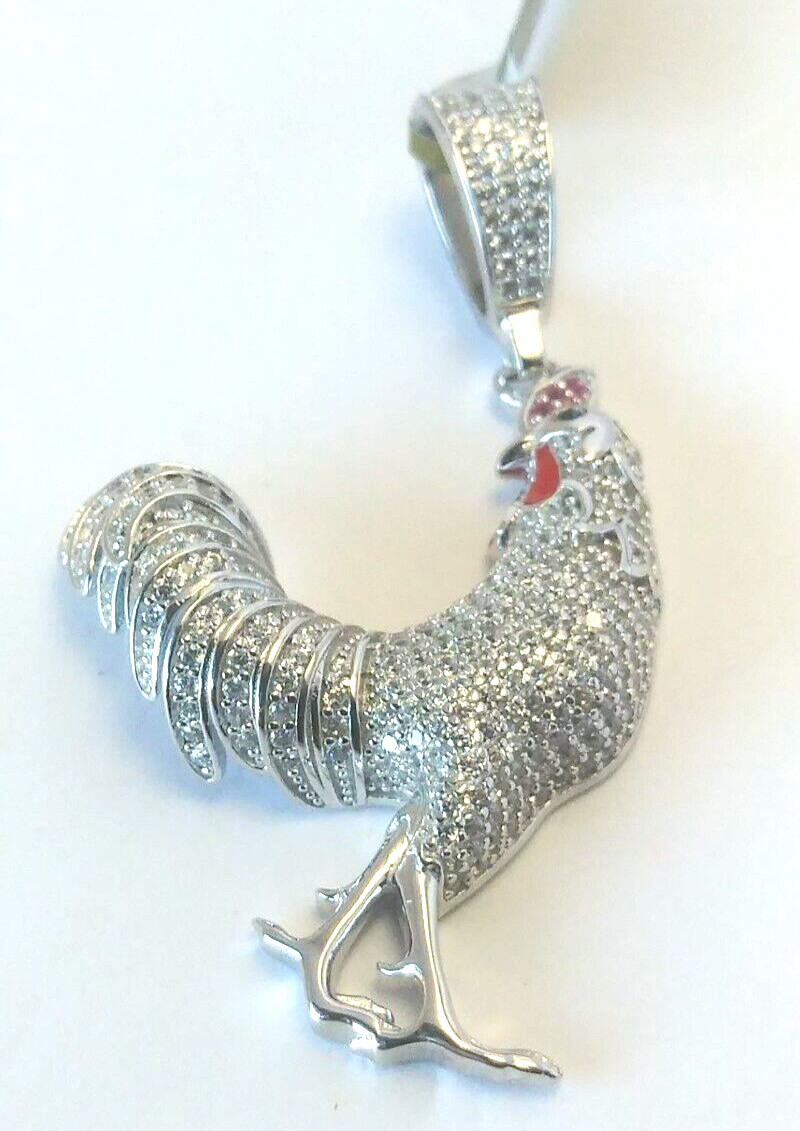 925 Sterling Silver Pendant LARGE Iced ROOSTER CHICKEN cubic zirconia CZ 48X26MM