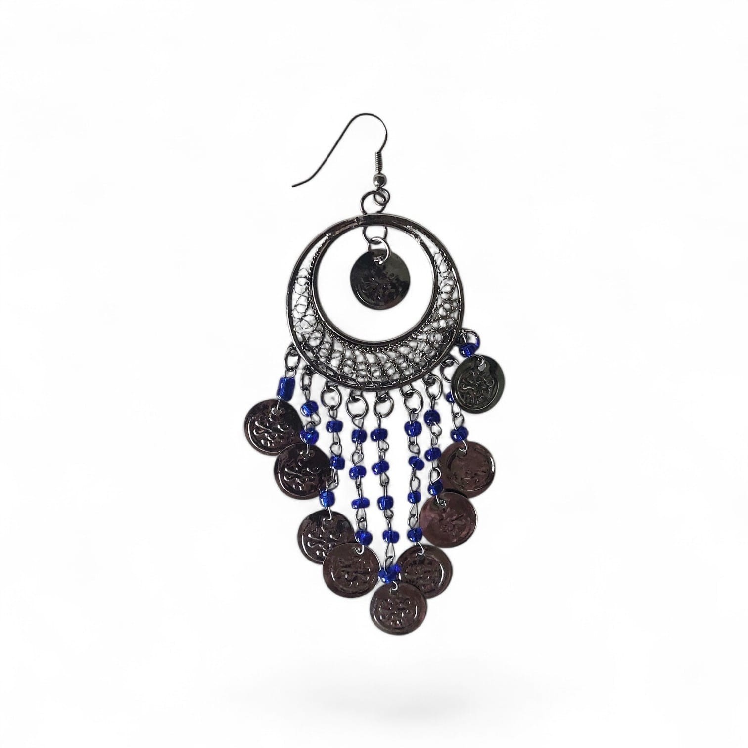 NEW Antique Style Handmade Pair of Silver Gypsy Beaded Dangle Earrings w/Coins