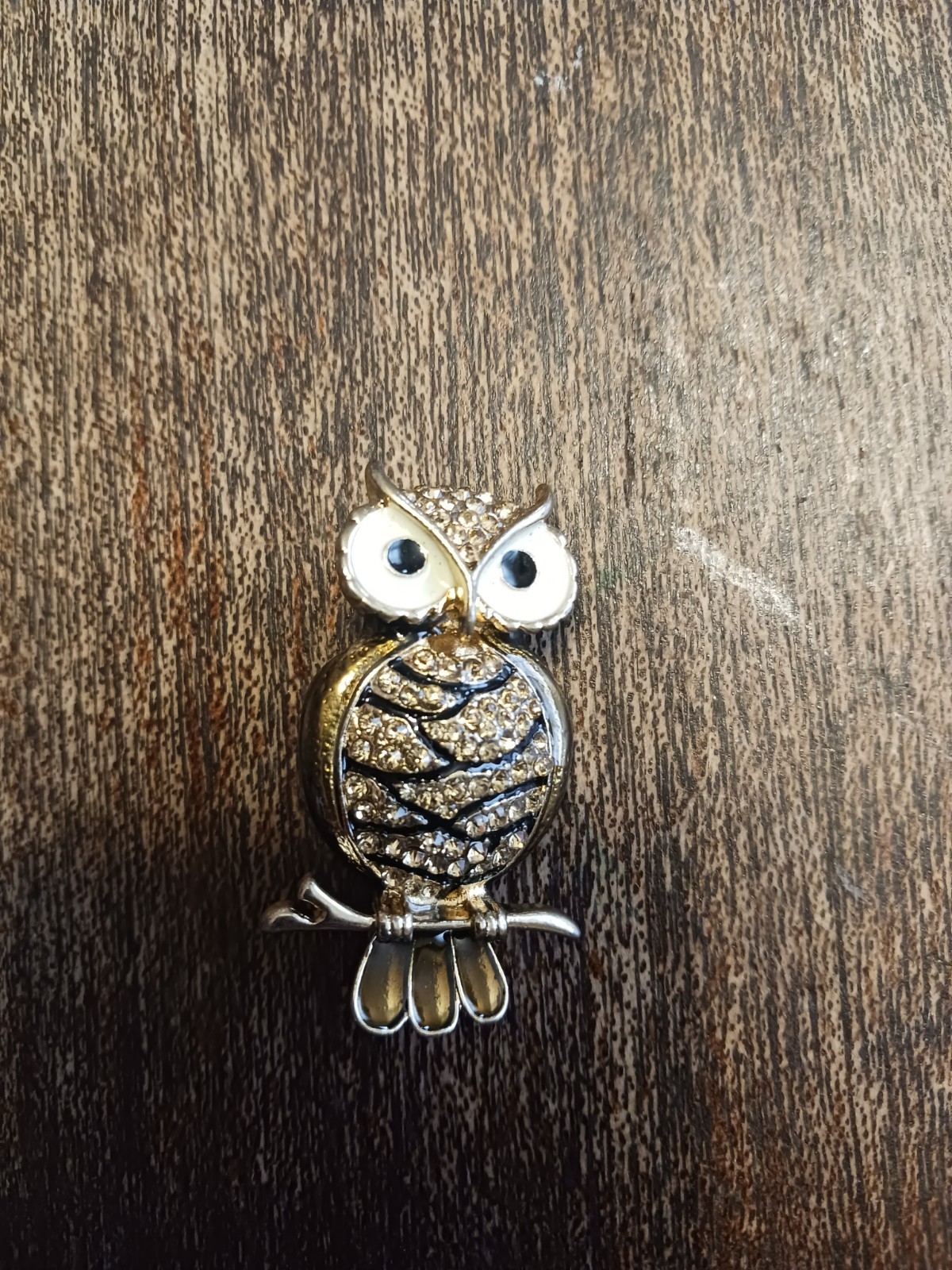 Vintage Gold Tone Enamel Rhinestone Owl Brooch
