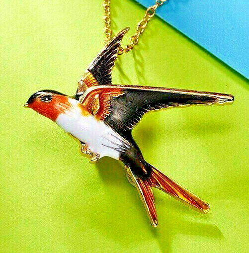 Forest JAY Flying BIRD Colorful Orange Crested Enamel Necklace Pendant Brooch