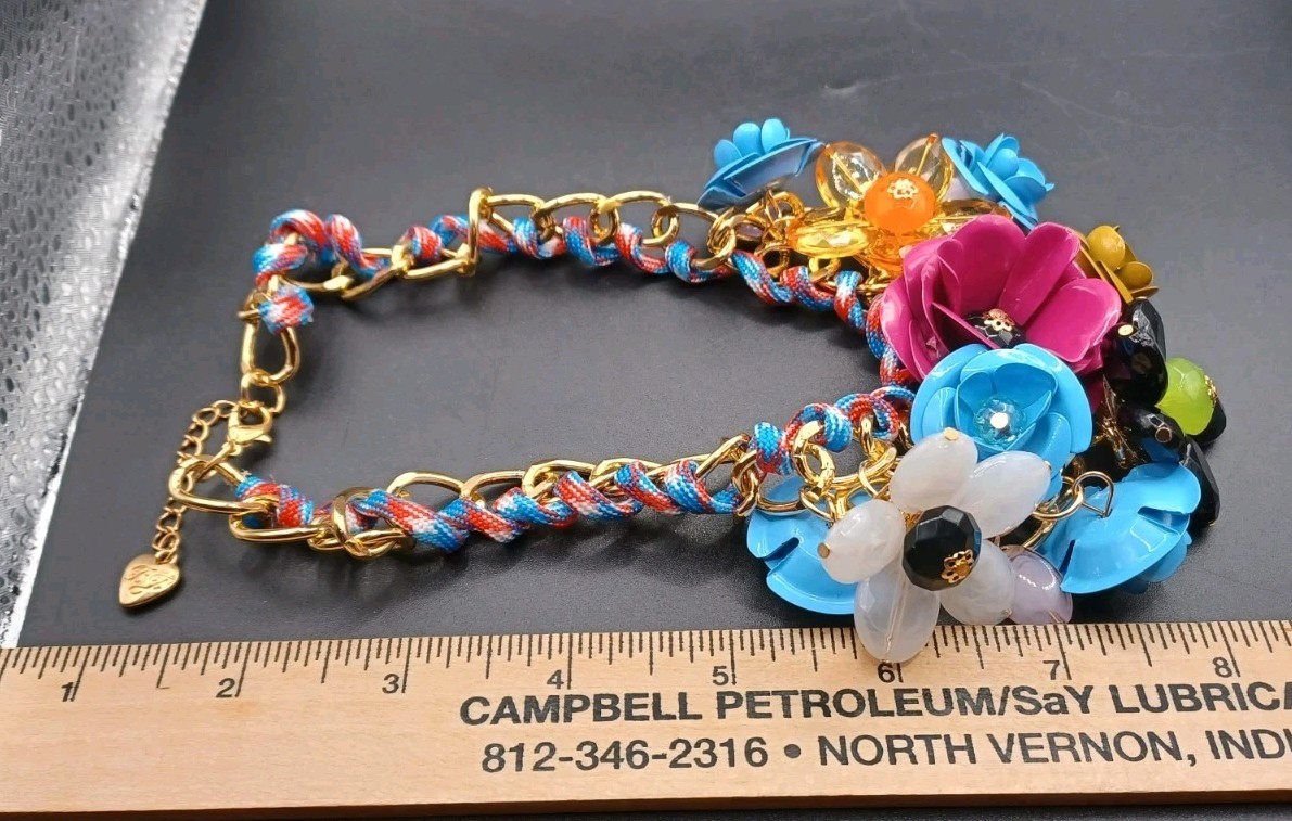 New Marked Betsey Johnson Plastic Bead Metal Pink Blue Flower Necklace