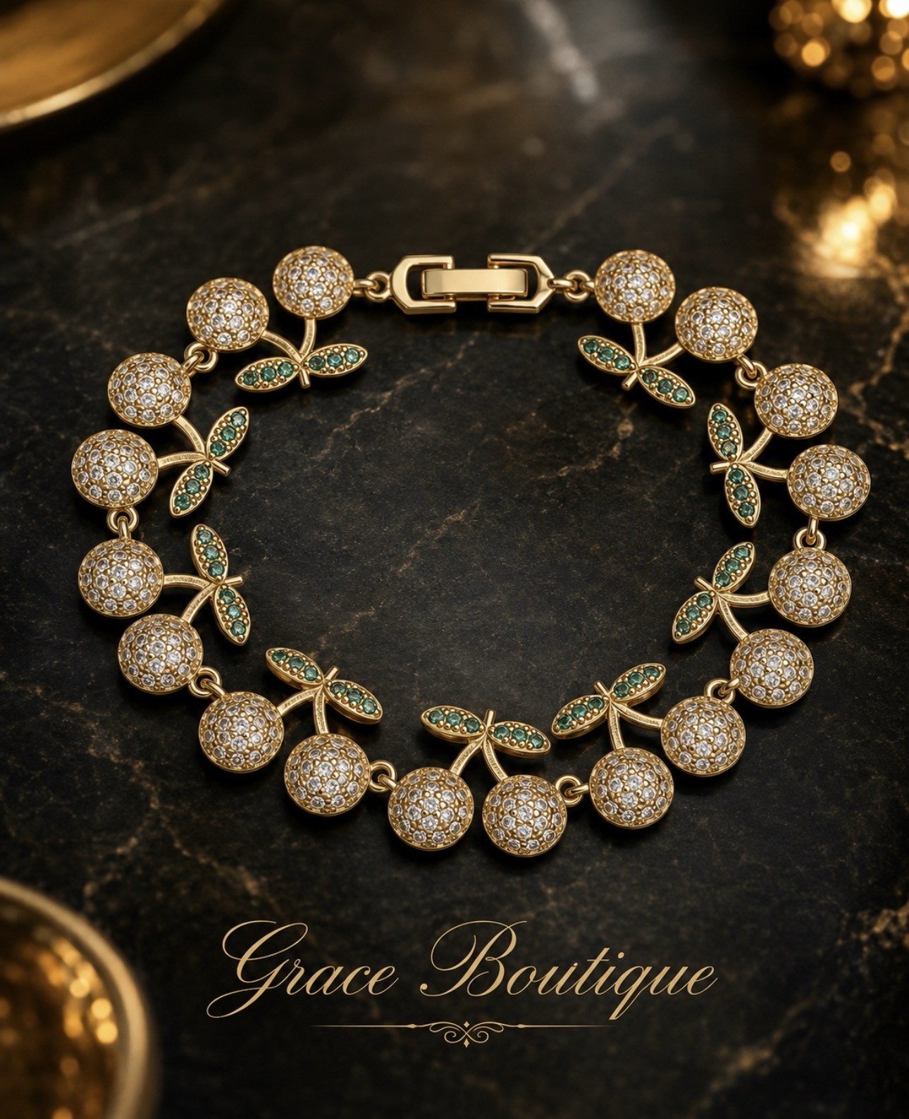Grace Boutique 18K Yellow Gold Plated Cherry Charm Link Bracelet Pavé CZ 7 in
