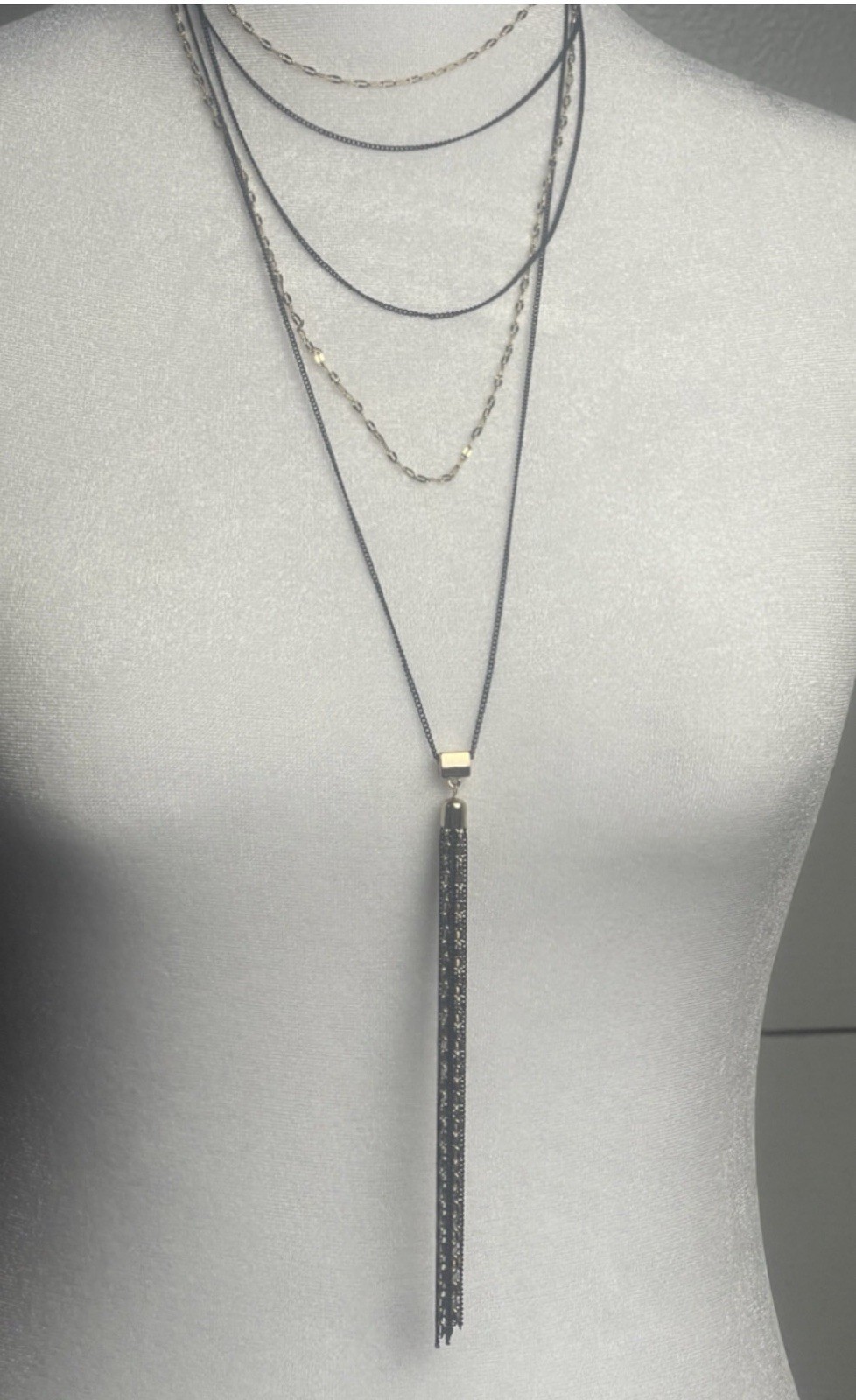 Layered Lariat Tassel Bar Pendant Necklace Gold/Black Adjustable Lobster