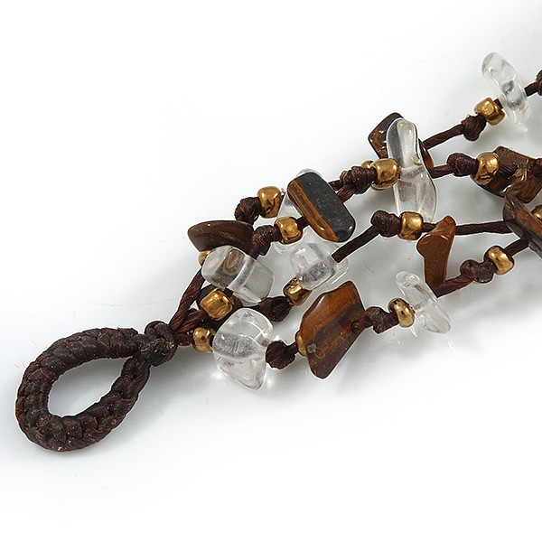 Handmade Leather Flower Semiprecious Bead Cotton Cord Bracelet (Brown/