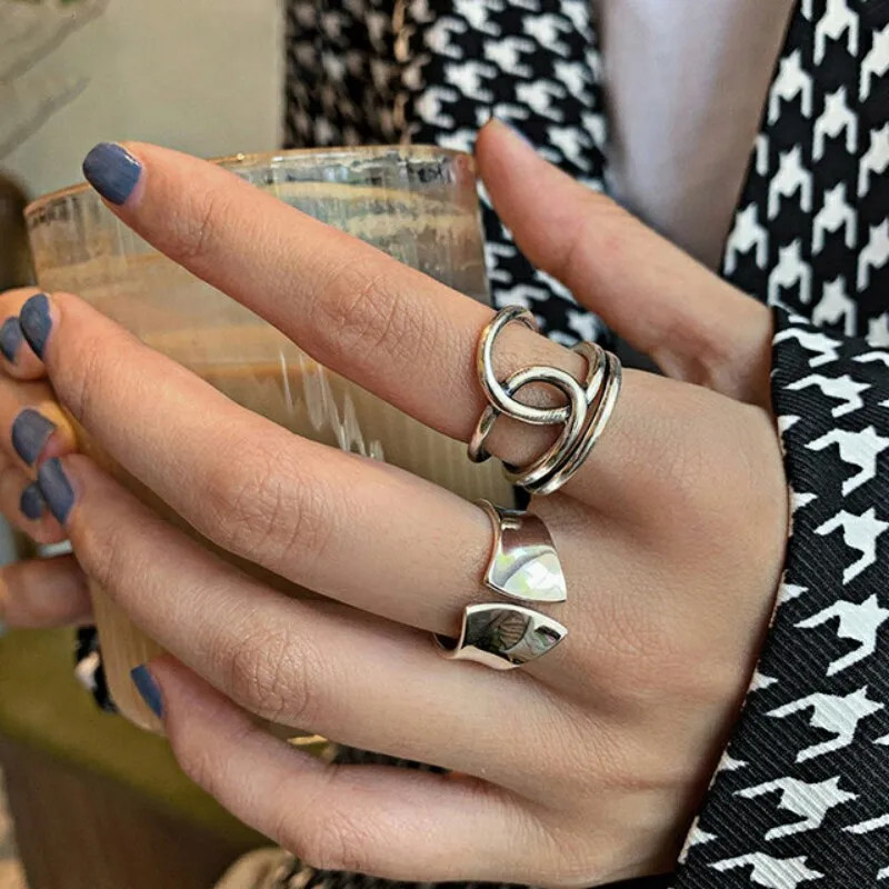 925 Sterling Silver Width Rings for Women Fashion Simple Multilayer Geometric