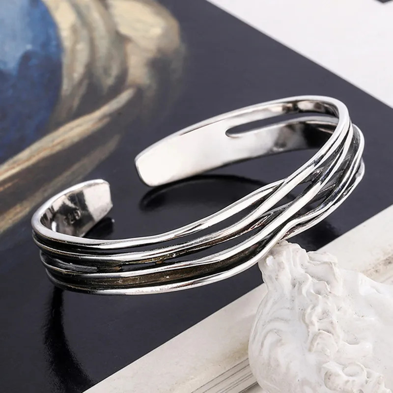 Retro Wave Bracelet 925 Sterling Silver Braided Bangle Geometric Opening Cuff