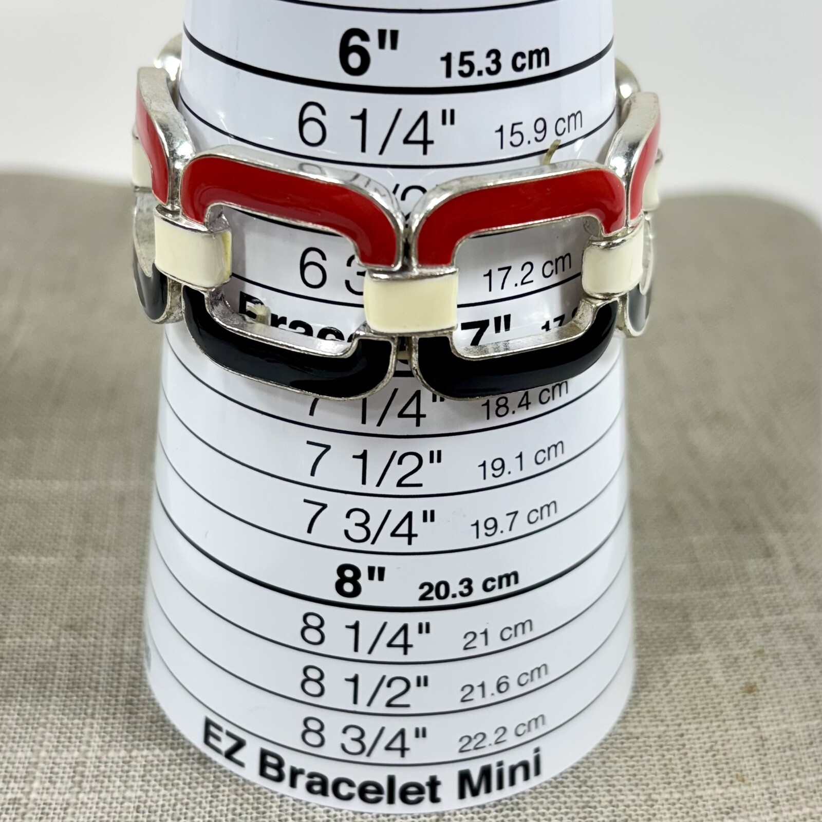 Red White Black Enamel Silver Tone Stretch Bracelet Metal C-Links Size 7
