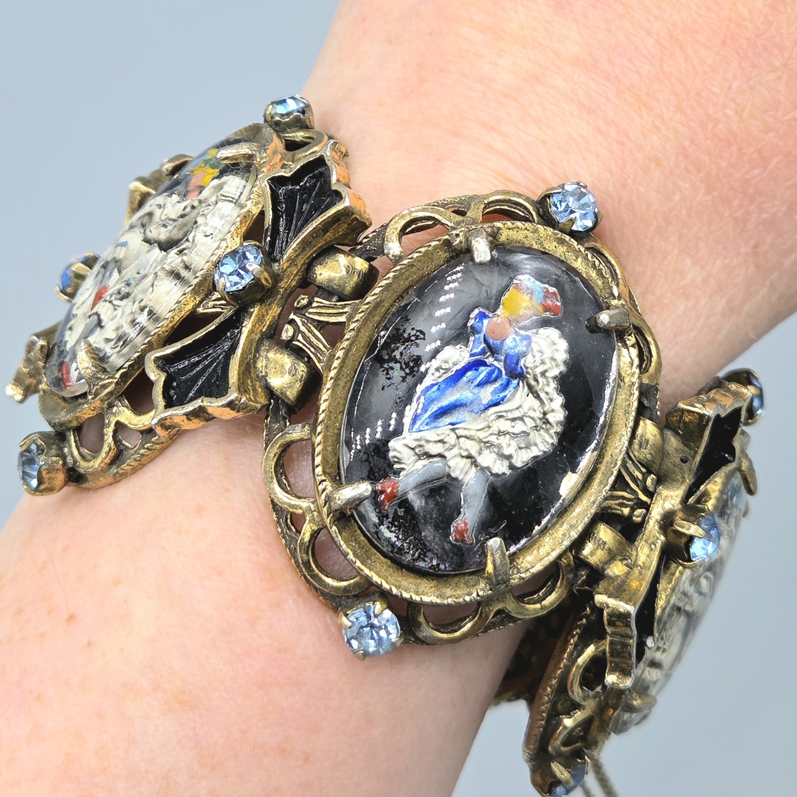 Vintage Can-Can Dancer Intaglio Reverse Paint Glass Panel Link Bracelet Earrings