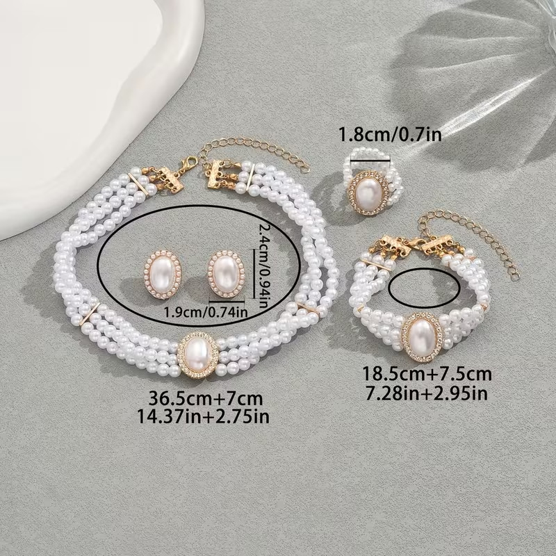 Pearl Jewellery Set Necklace Bracelet Ring Earrings Bridal Wedding Women Gift