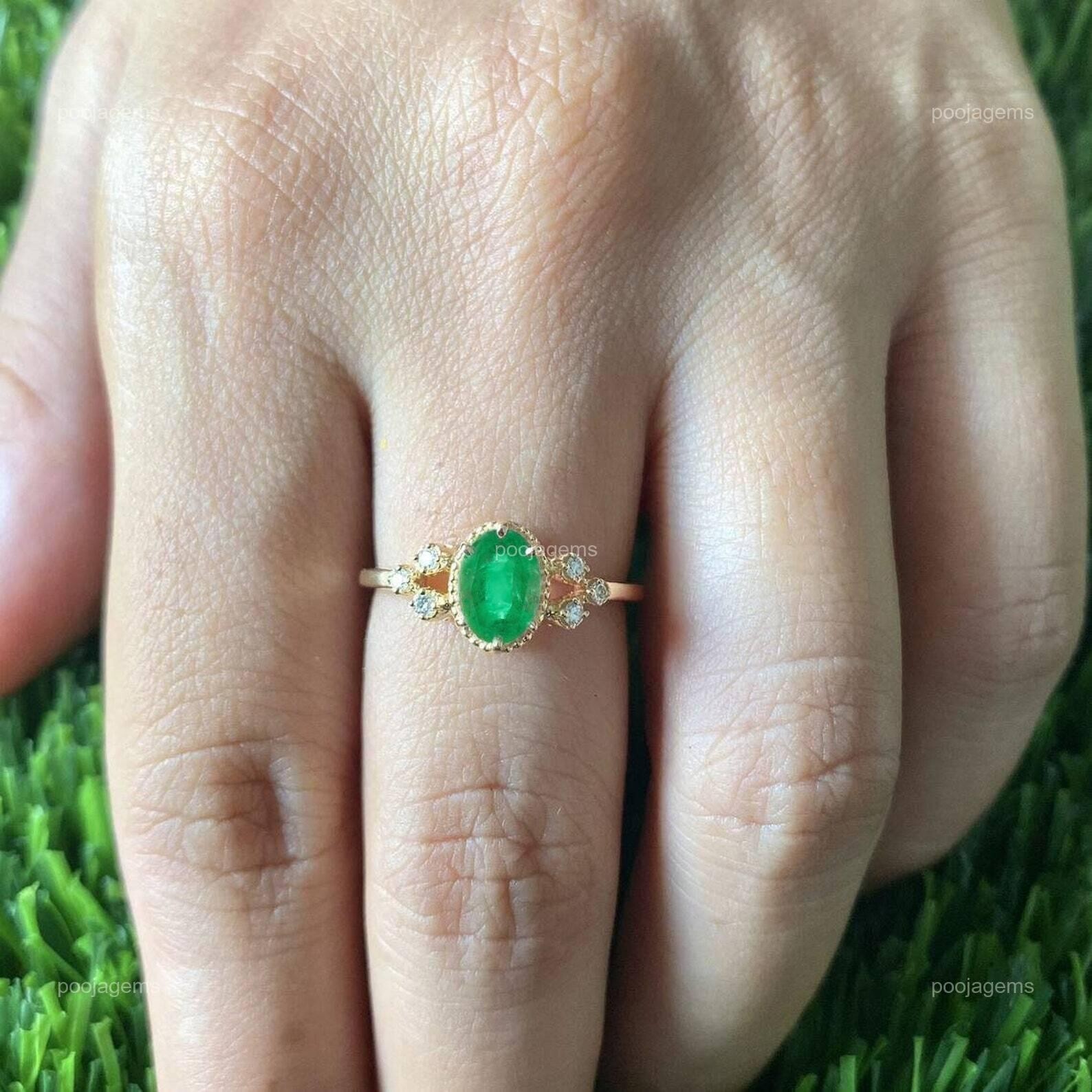 0.96 Ct Emerald & Natural Diamond Prong Ring 14k Solid Yellow Gold
