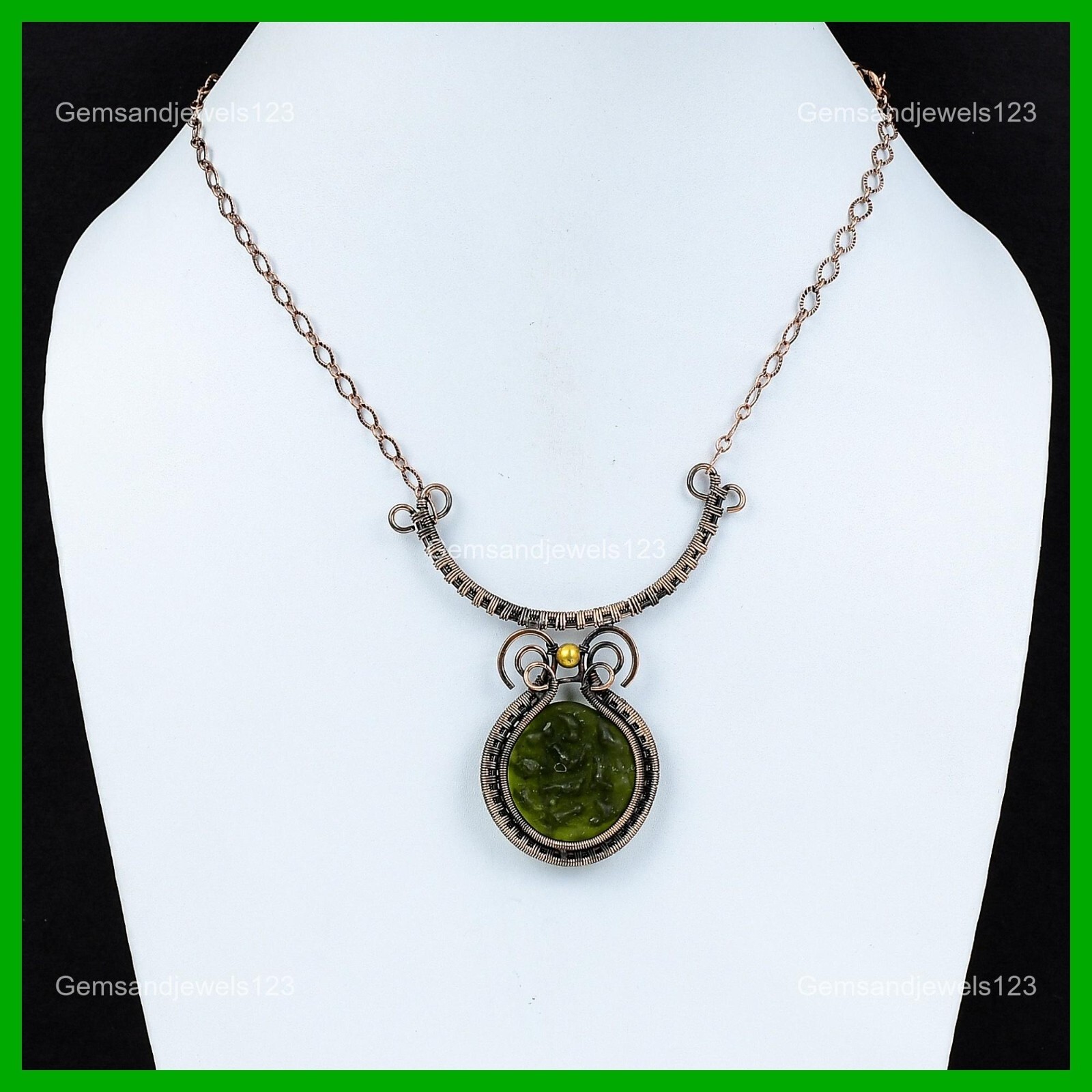 Copper Third Eye Chakra Moldavite Gemstone Sister Wire Wrapped Necklace Jewelry