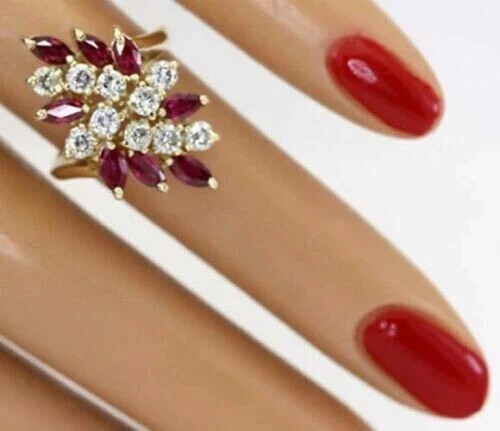 2.90Ct Marquise Simulated Ruby Cluster Engagement Ring 14k Yellow Gold Plated