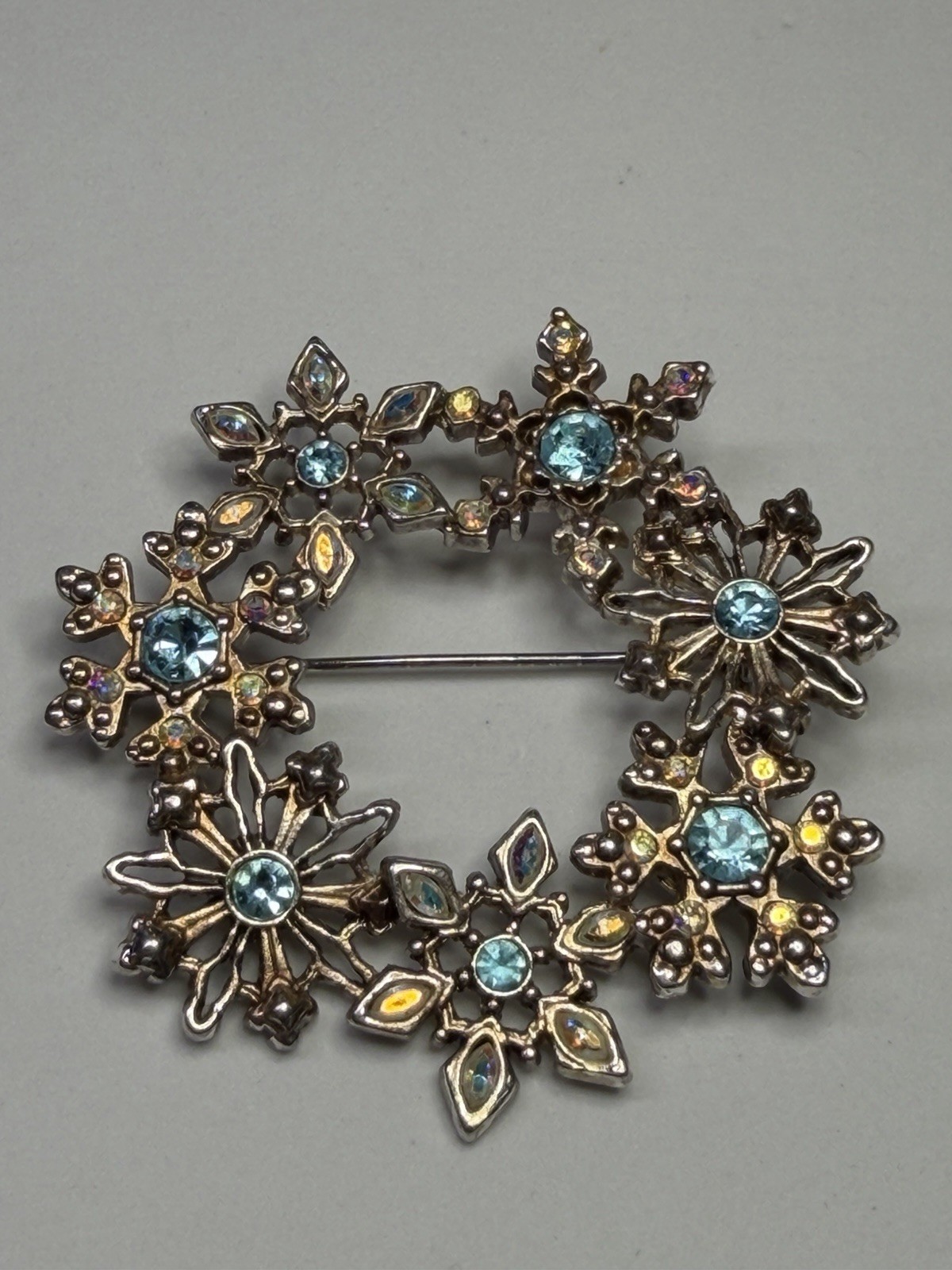 Christopher Radko Vintage Snowflake Wreath Brooch Pin Blue AB Crystals Christmas