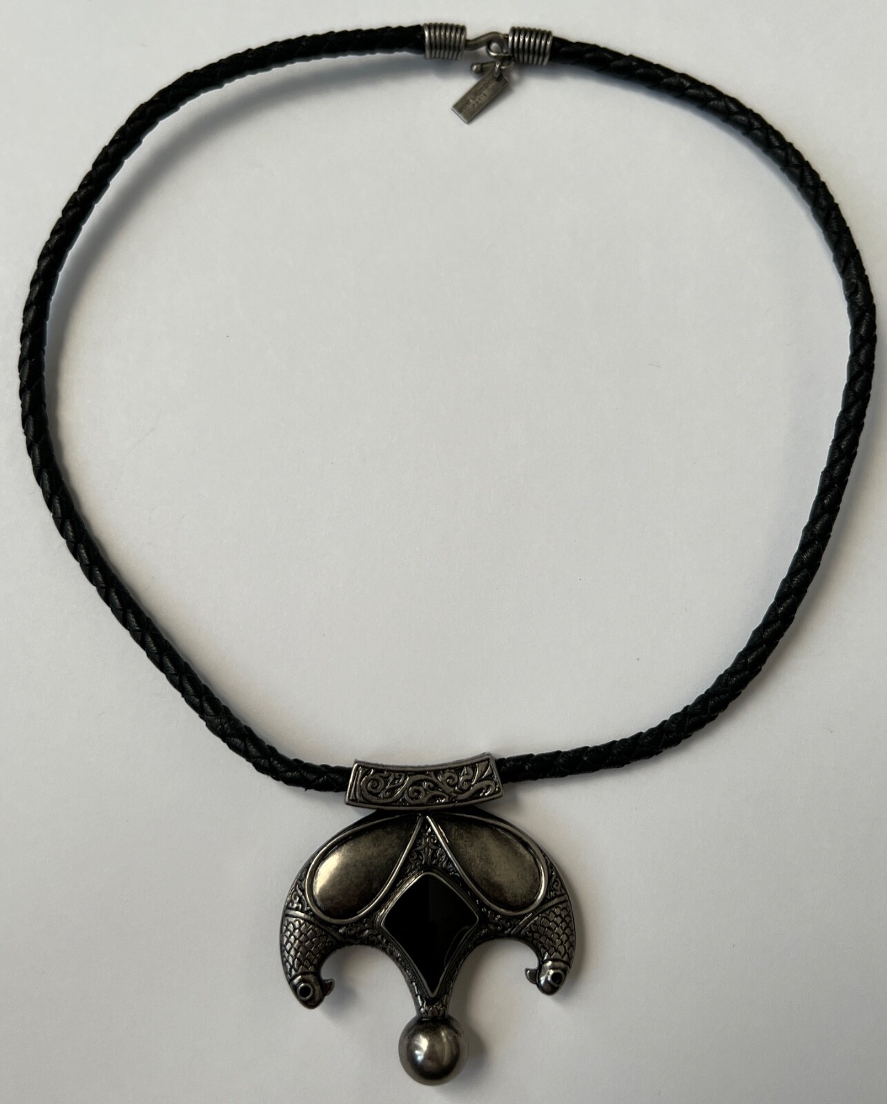 NIB Saint Laurent YSL Victorian Moon Black Braid Leather Pendant Necklace $1295
