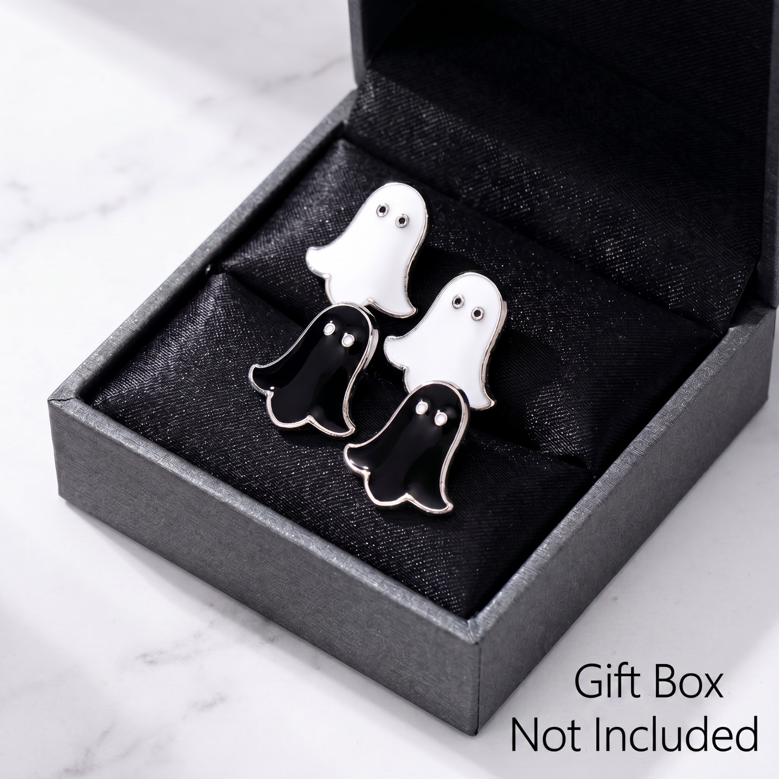 Halloween Ghost Stud Earrings Set 2 Pairs Black White Enamel Silver-Tone