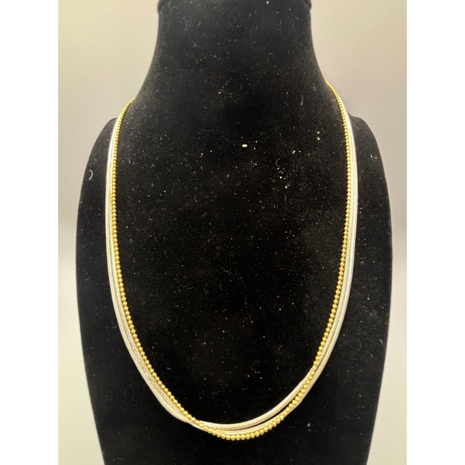 Two Tone Triple Strand Layered Necklace Silver Gold Snake Beaded Ball Chain 18″