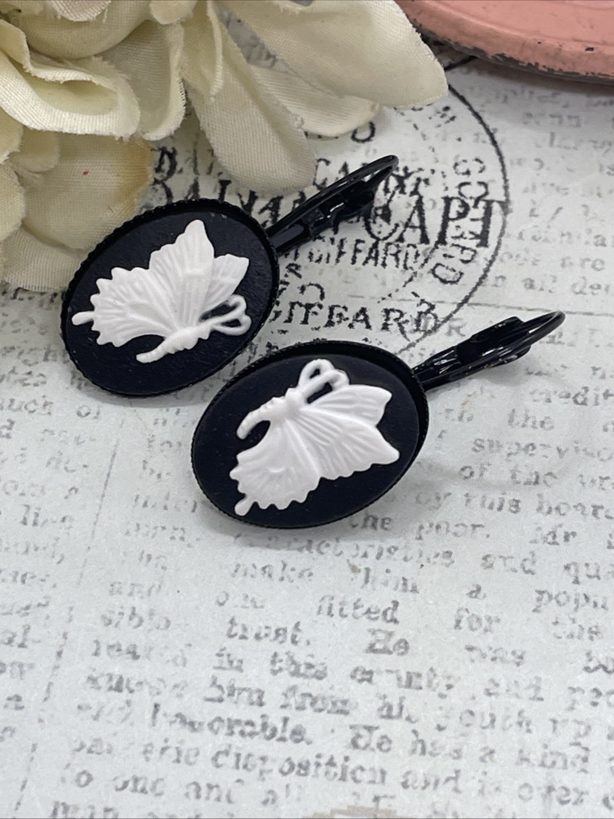 Black Setting Enamel Cameo Butterfly Mom Birthday Anniversary Gift Earrings