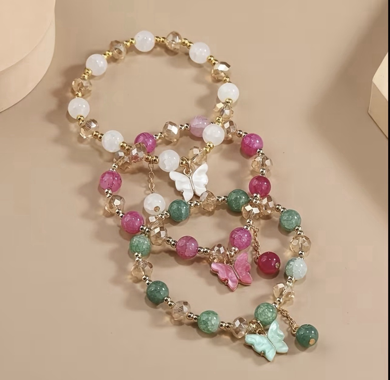 Multicolor Beaded Butterfly Dangle Charm Bracelet Set, Glass, 0.8cm Beads