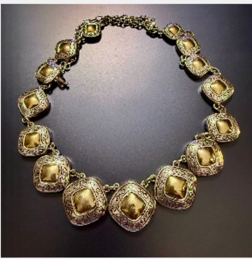 Vintage Liz Jordan Necklace Two Tone Modernist Gold/Silver Bib Collar 15-20″