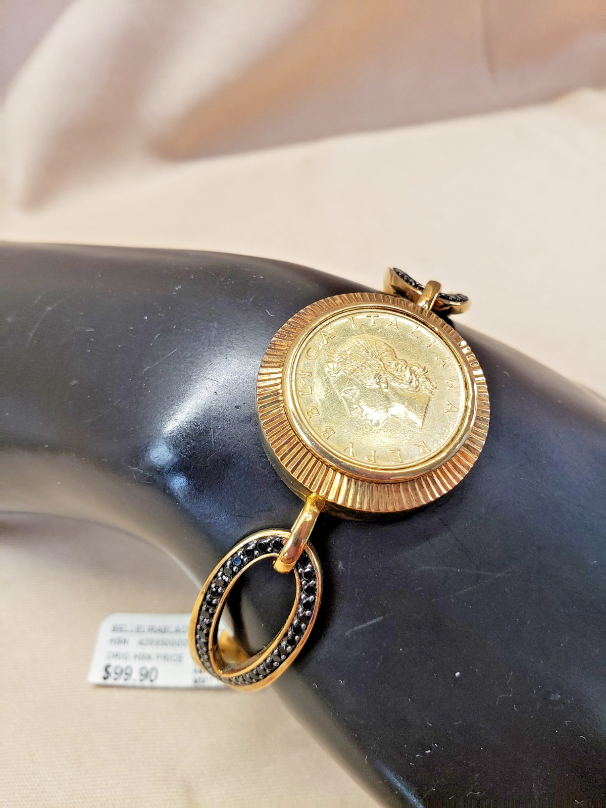 Bellezza Italy Coin Bangle Bracelet Bronze with Black CZ 20 Lira with Tag