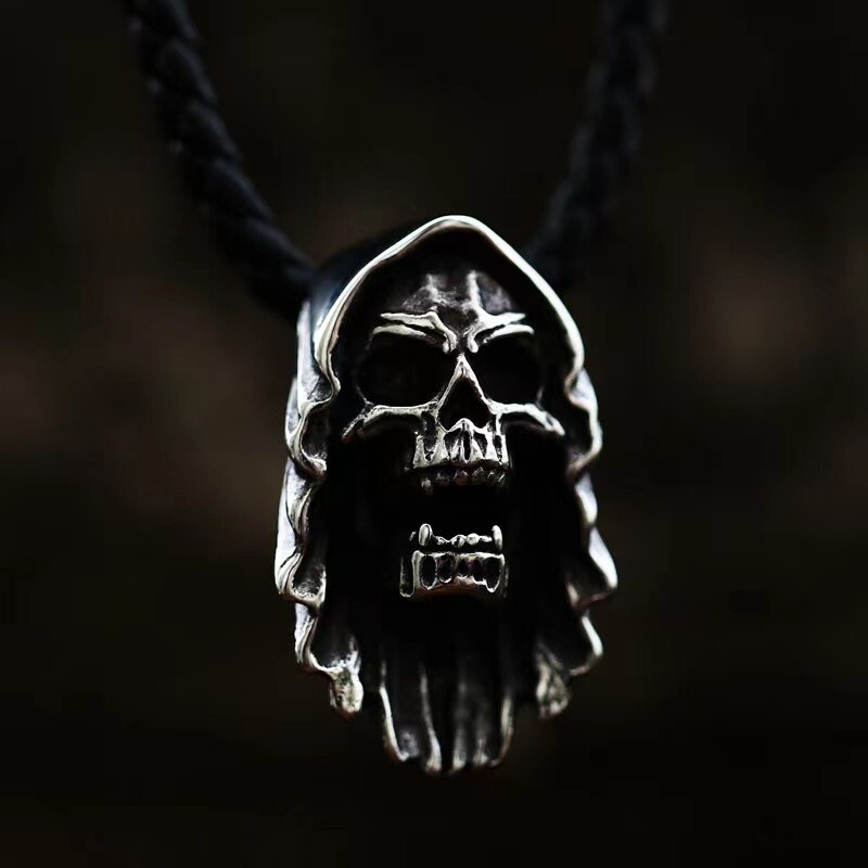 Mens Punk Silver Grim Reaper Skull Pendant Necklace Retro Rock Jewelry Chain 24″