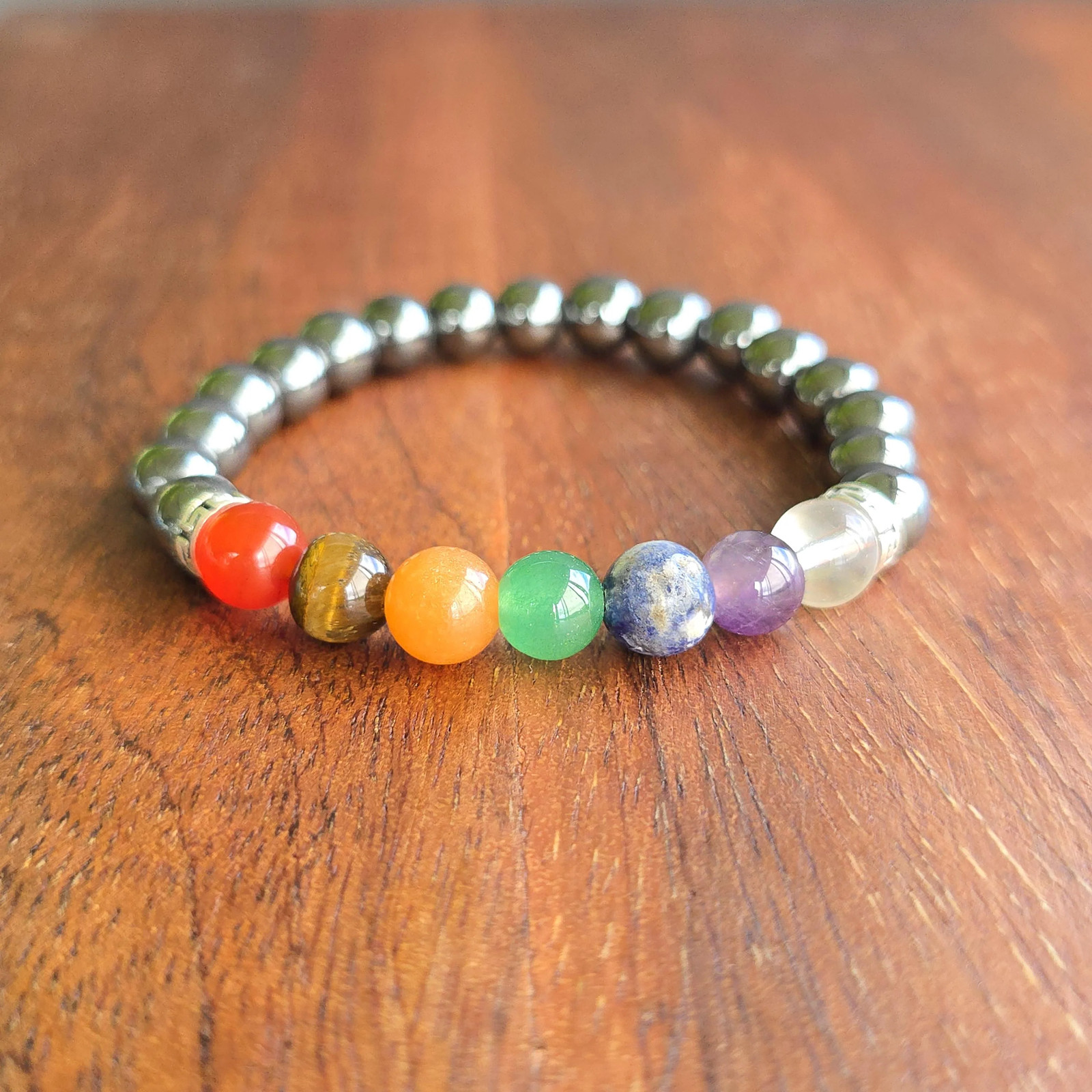 Seven Chakra Stone Hematite Bracelet: Handmade Gemstone Beaded Bracelet