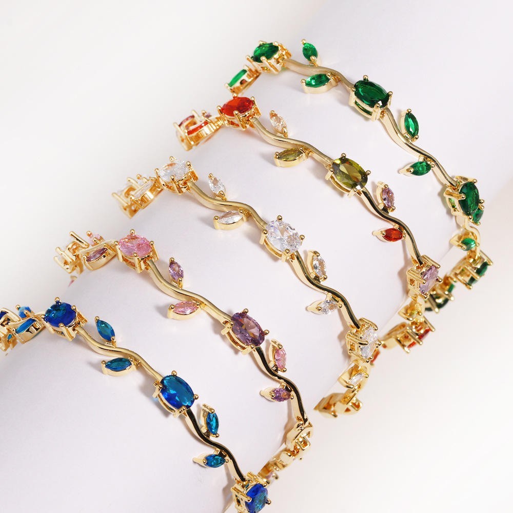 Oval Multi Sapphire Gold Plated Clear Bracelet Leaf Vine Link Fashion Jewelry