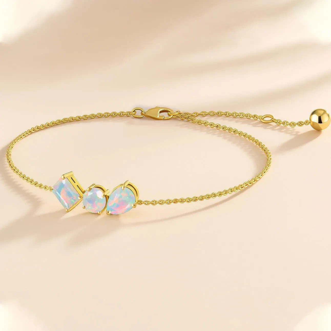 Ethiopian White Three Stone Gold Chain Bracelet, 925 Sterling Silver Layering Br