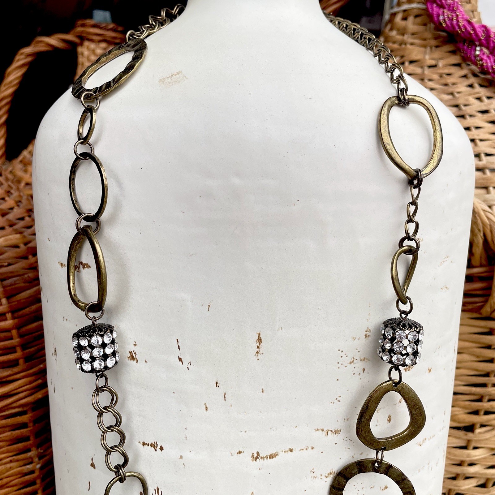 Lia Sophia IMPROV Mixed Metal Long Circle Link Chain Necklace Rhinestone 43″