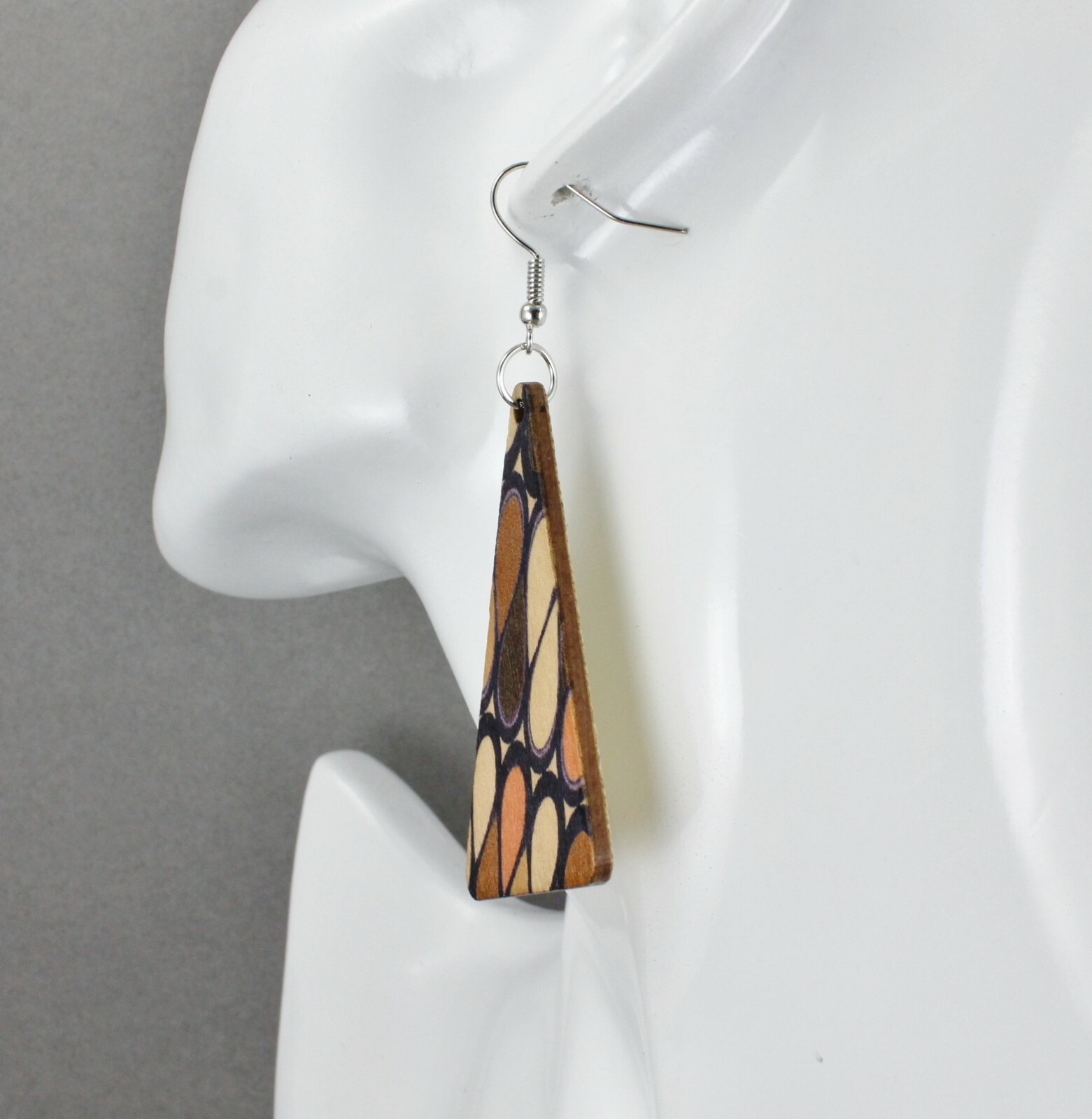 Brown Beige retro pattern earrings 70s look lightweight wood dangle 3 3/8″ long