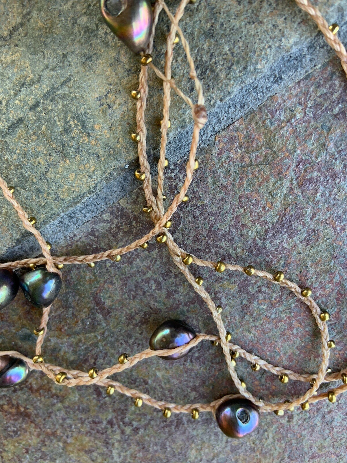 Beaded Iridescent Pearl Macrame Dangle Wrap Necklace