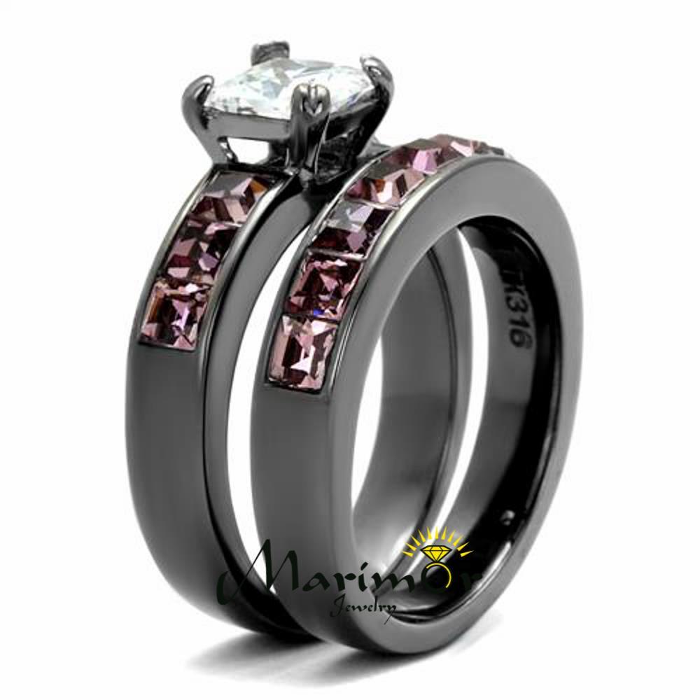 Women’s 3.75 Ct Princess Cut AAA CZ Light Black Stainless Steel Wedding Ring Set